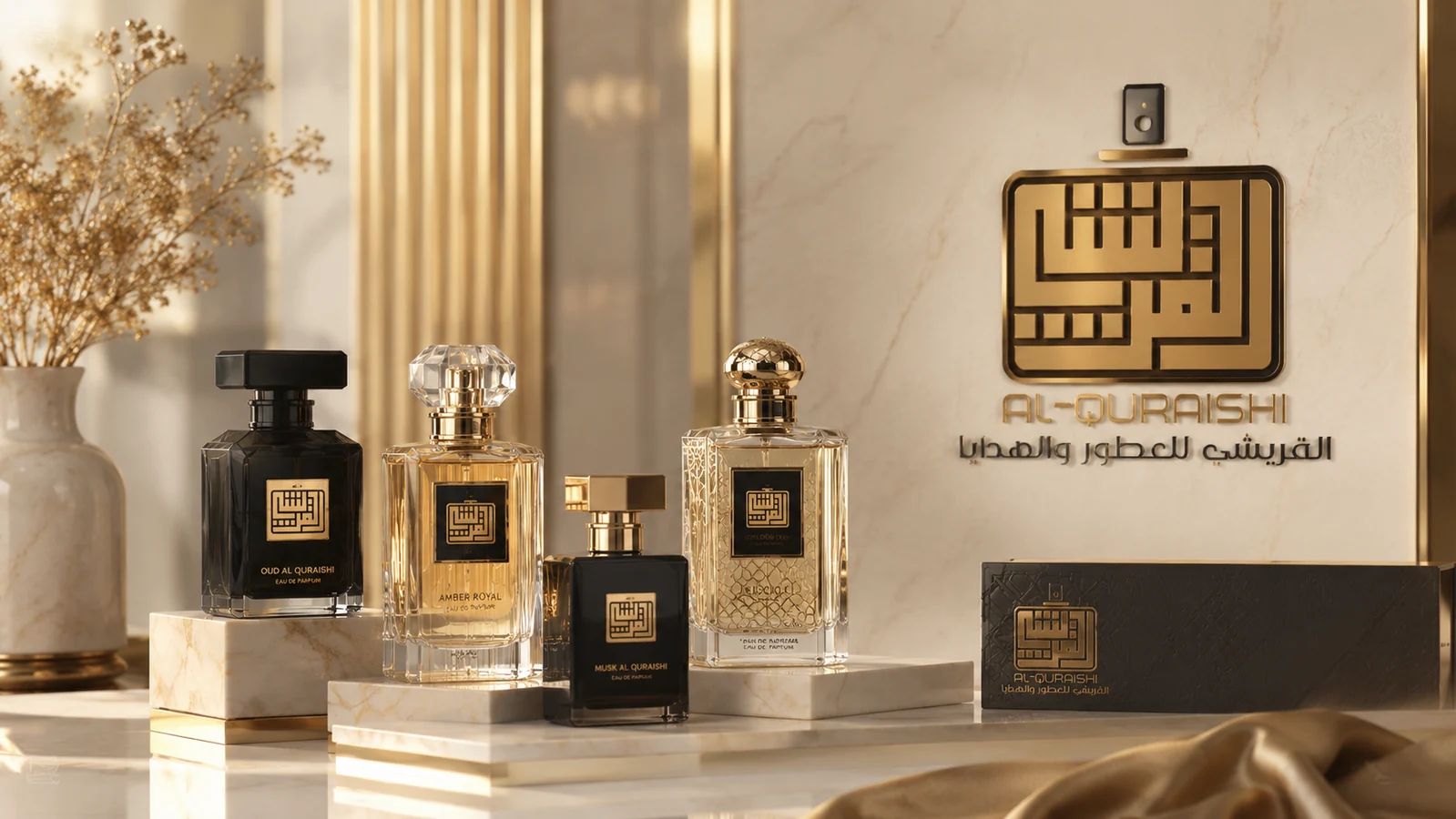مجموعة عطور القريشي في ديكور رخامي فاتح